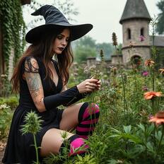 beautiful witch kneels in herb garden