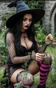 beautiful witch kneels in herb garden