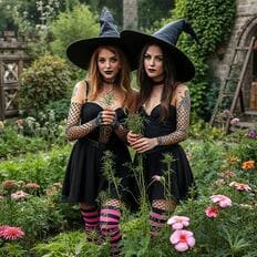 two beautiful witches in herb garden outside of castle