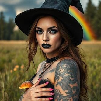 a hot witch, a mushroom, and a rainbow.